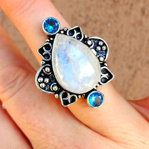New Rainbow Moonstone and Blue Topaz Silver Ring.